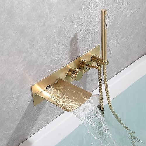 

Bathtub Faucet,Brass Brushed Gold/Black Wall Installation Waterfall Included Handshower of Spray Type Bath Shower Mixer Taps with Hot and Cold Water