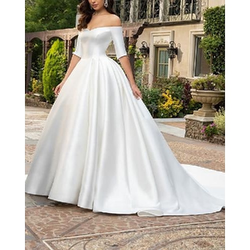 

A-Line Wedding Dresses Off Shoulder Chapel Train Satin Half Sleeve Country Formal with 2022