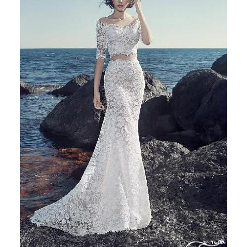 

Two Piece Mermaid / Trumpet Wedding Dresses Off Shoulder Sweep / Brush Train Lace Half Sleeve Romantic Sexy with Appliques 2022