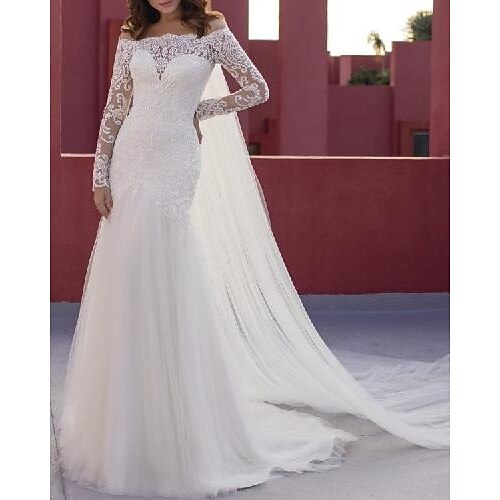 

A-Line Wedding Dresses Jewel Neck Sweep / Brush Train Lace Tulle Long Sleeve Romantic Simple with 2022