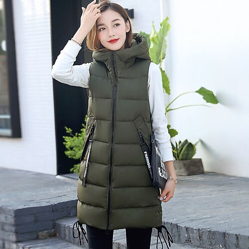 chaleco para mujer, otoño invierno con capucha, chaleco largo, prendas de  vestir exteriores, chaqueta acolchada cálida, chaleco verde militar sin  mangas de moda femenina, l 2022 - US $36.67