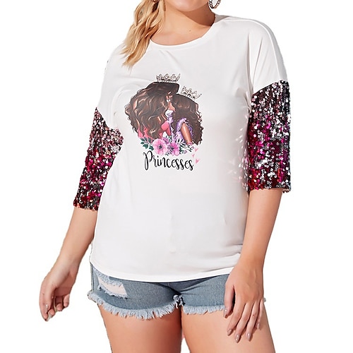 

Femme Grande taille Paillettes Patchwork Portrait Chemisier Grande taille Col Rond Manches 3/4 Hauts Grande taille / Grandes Tailles