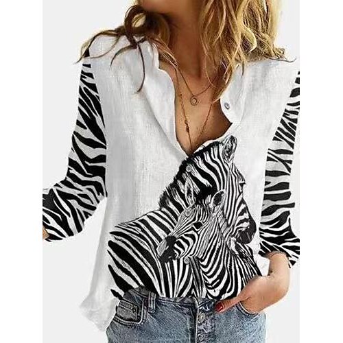 

Women's Blouse Animal Horse Daily Blouse Shirt Long Sleeve Print Shirt Collar White S