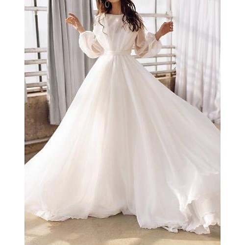 

A-Line Wedding Dresses Jewel Neck Court Train Chiffon Long Sleeve Simple Beach Backless with Pleats 2022