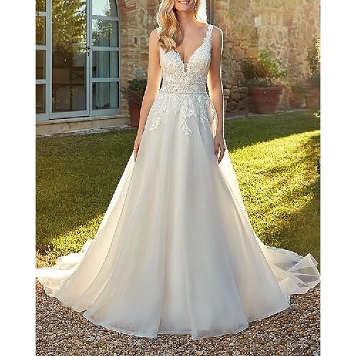 

A-Line Wedding Dresses V Neck Sweep / Brush Train Lace Tulle Sleeveless Country Romantic with Appliques 2022