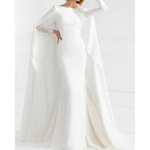 

Sheath / Column Wedding Dresses Jewel Neck Sweep / Brush Train Stretch Fabric Long Sleeve Simple with Appliques 2022