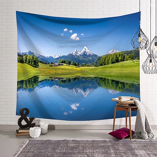 

wall tapestry art decor blanket curtain hanging home bedroom living room decoration mountain prairie small lake polyester