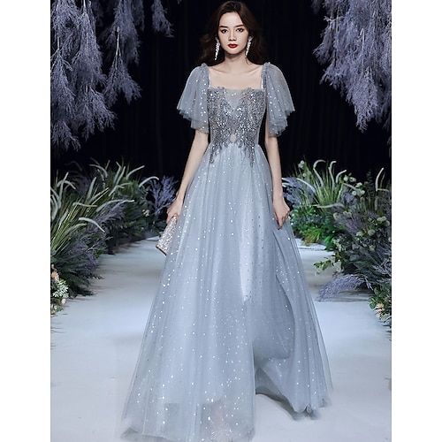 

A-Line Sparkle Elegant Wedding Guest Engagement Dress Spaghetti Strap Short Sleeve Floor Length Tulle with Appliques 2022