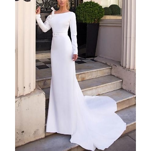 

Sheath / Column Wedding Dresses Jewel Neck Sweep / Brush Train Satin Long Sleeve Country Simple with Sashes / Ribbons Split Front 2022