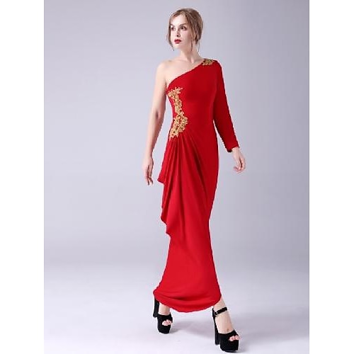 

Sheath / Column Evening Dresses Empire Dress Wedding Guest Floor Length Long Sleeve One Shoulder Spandex with Pleats Beading Appliques 2022 / Formal Evening