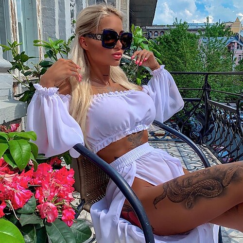 

Women's Crop Top Blouse Skirt Sets Sexy Purple Pink Holiday Vacation Plain Split Off Shoulder One-Size