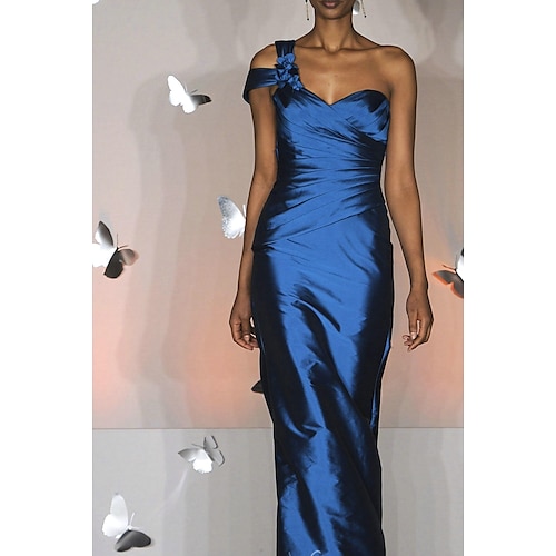 

Sheath / Column Evening Dresses Empire Dress Wedding Guest Floor Length Sleeveless One Shoulder Taffeta with Ruched 2022 / Prom
