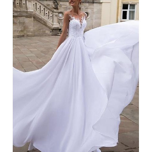 

A-Line Wedding Dresses V Neck Floor Length Chiffon Lace Sleeveless Romantic Sexy with Appliques 2022