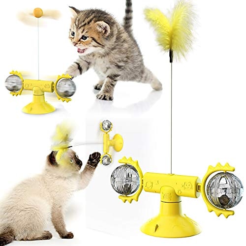 

windmill cat toy for indoor cats interactive,3-in-1 turntable teasing cat toy catnip balls with wand stick teaser, suction cup scratcher (yellow)