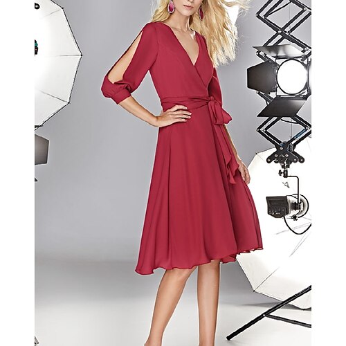 

A-Line Cocktail Dresses Minimalist Dress Wedding Guest Knee Length Half Sleeve V Neck Chiffon with Sash / Ribbon Pleats 2022 / Cocktail Party