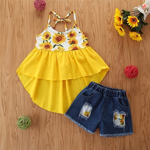 

2 pezzi Bambino (1-4 anni) Da ragazza Pop art Schiena scoperta Set canotta e pantaloncini Impostato Senza maniche Di tendenza Esterno 3-7 anni Primavera Giallo