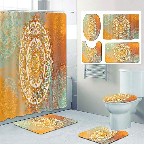 

4-teiliges Duschvorhang-Set mit Teppich-Toilettendeckel-Abdeckungssets mit rutschfester Teppich-Badematte für Badezimmer, Mandala-Muster, wasserdichter Polyester-Duschvorhang mit 12 Haken, Badezimmerdekoration