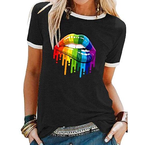 

Women's T shirt Rainbow Lips Patchwork Print Round Neck Tops Basic Basic Top White Black Blue