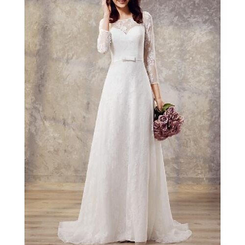 

A-Line Wedding Dresses Jewel Neck Sweep / Brush Train Lace Long Sleeve Country Romantic with Sashes / Ribbons Bow(s) 2022