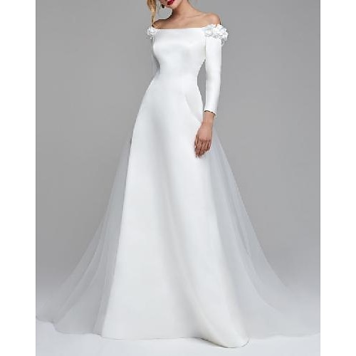 

A-Line Wedding Dresses Off Shoulder Floor Length Detachable Satin Tulle Long Sleeve Formal Simple with Appliques 2022