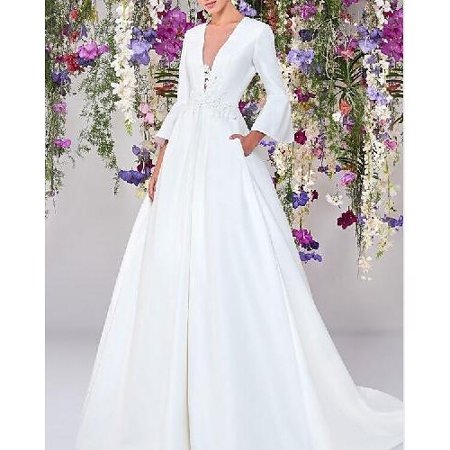 

A-Line Wedding Dresses V Neck Sweep / Brush Train Satin Long Sleeve Country Formal Simple with Lace Appliques 2022