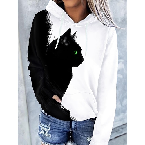 

Women's Hoodie Pullover Basic Casual Front Pocket Print White Graphic Cat 3D Daily Hooded Long Sleeve S M L XL XXL 3XL