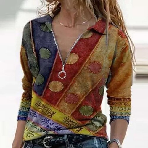 

Women's Blouse Shirt Blue Purple Yellow Color Block Patchwork Print Long Sleeve Daily V Neck Long S