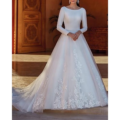 

A-Line Wedding Dresses Jewel Neck Court Train Lace Satin Tulle Long Sleeve Country Formal with Appliques 2022