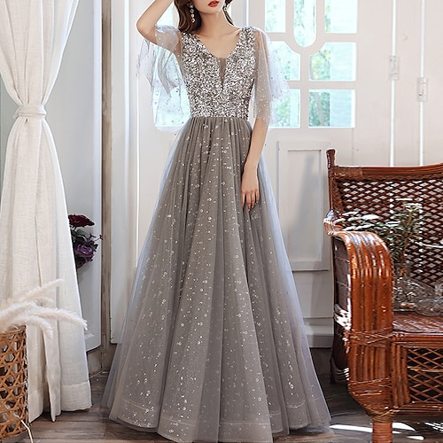 

A-Line Sparkle Elegant Wedding Guest Formal Evening Dress V Neck Half Sleeve Floor Length Tulle with Sequin Splicing 2022