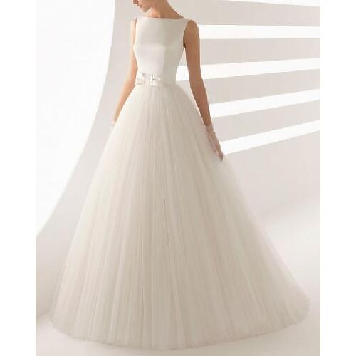 

A-Line Wedding Dresses Jewel Neck Floor Length Satin Tulle Sleeveless Country Simple with Bow(s) 2022