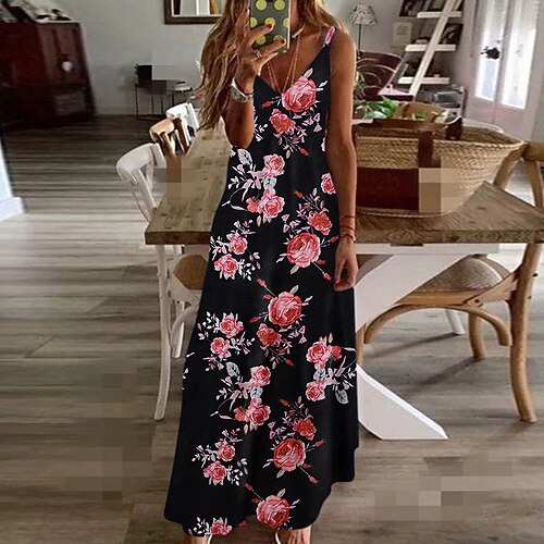 

Women's Strap Dress Maxi long Dress Blue Black Pink Dark Blue Beige Sleeveless Floral Cold Shoulder Print Spring Summer Spaghetti Strap Casual 2022 S M L XL XXL 3XL 4XL