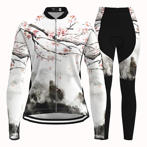 

21Grams Women's Cycling Jersey with Tights Long Sleeve Mountain Bike MTB Road Bike Cycling White Graphic Floral Botanical Bike Jacket Tights Clothing Suit Warm Breathable Back Pocket Polyester Sports