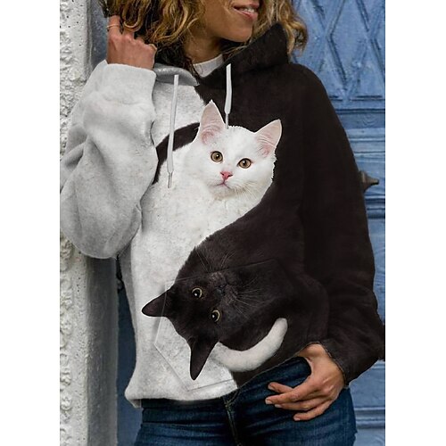 Mujer Sudadera Pull-over Básico Casual Bolsillo delantero Estampado Negro Graphic Gato 3D Diario Con Capucha Manga Larga S M L XL XXL / Impresión 3D