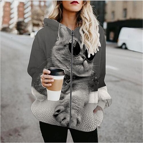 

Women's Casual Jacket Hoodie Jacket Going out Patchwork Print Zipper Hoodie Active Print Regular Fit Outerwear Long Sleeve Gray S M L XL XXL 3XL