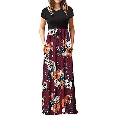 

Women's Shift Dress Long Dress Maxi Dress Stripe Wine Red sunflower Short Sleeve Spring S M L XL 2XL 3XL