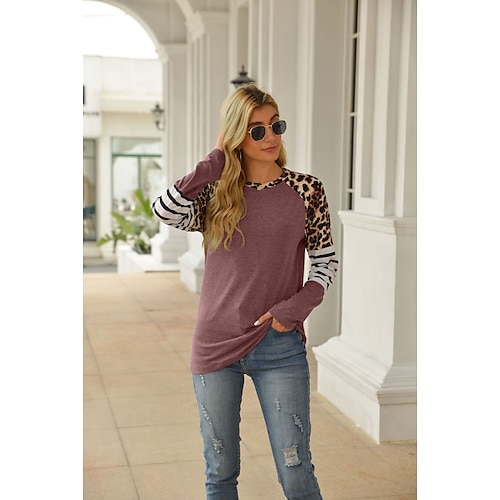 

Women's Plus Size Patchwork Print Leopard Blouse Large Size Round Neck Long Sleeve Tops Big Size / Cotton