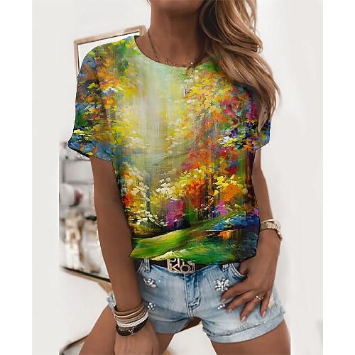

Women's T shirt Tee Green Scenery Graphic Prints Print Short Sleeve Daily Basic Round Neck Regular Painting S / 3D Print