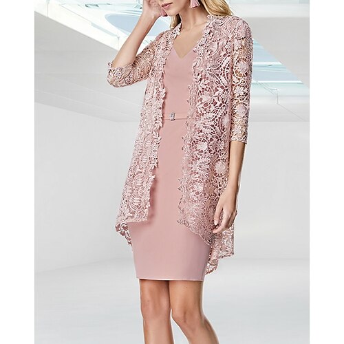 

Two Piece Sheath / Column Mother of the Bride Dress Elegant V Neck Knee Length Lace Stretch Fabric Half Sleeve Jacket Dresses with Sash / Ribbon Appliques 2022