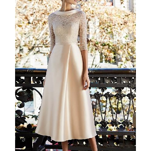 

Sheath / Column Mother of the Bride Dress Elegant Jewel Neck Knee Length Satin Lace Half Sleeve with Pleats Appliques 2022