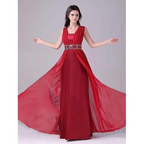 

A-Line Evening Dresses Empire Dress Wedding Guest Floor Length Sleeveless Scoop Neck Chiffon with Beading Tier 2022 / Formal Evening