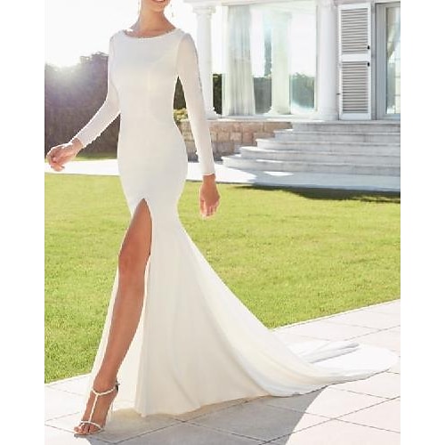 

Sheath / Column Wedding Dresses Jewel Neck Court Train Italy Satin Long Sleeve Country Simple with Split Front 2022