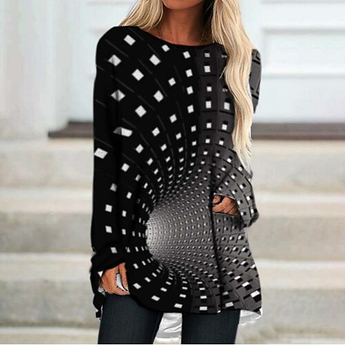 

Women's Casual Dress Shift Dress Black Long Sleeve Geometric Print Spring Crew Neck Winter Dress Fall Dress Loose Fit M L XL XXL 3XL