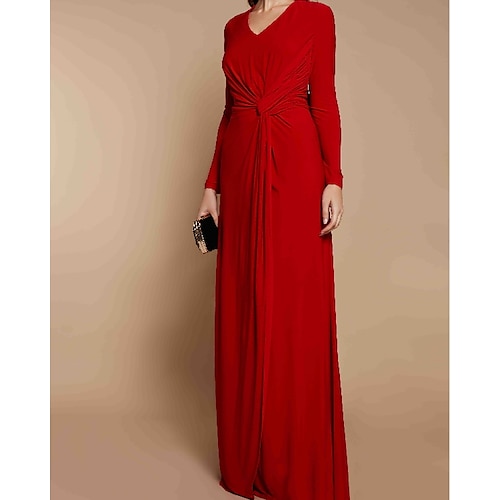 

Sheath / Column Mother of the Bride Dress Elegant V Neck Floor Length Chiffon Long Sleeve with Pleats Ruching 2022