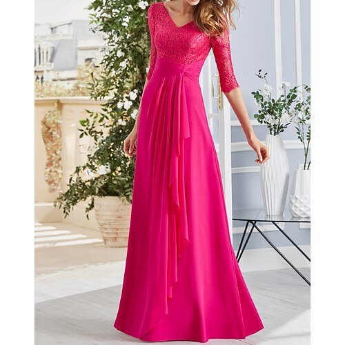 

Sheath / Column Mother of the Bride Dress Elegant V Neck Floor Length Chiffon Lace Half Sleeve with Sash / Ribbon Pleats 2022