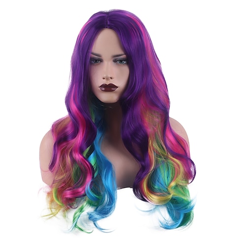 

Wavy Minaj Middle Part Wig Short Rainbow Synthetic Hair Women's Fashionable Design Red Blue Pride Outfits