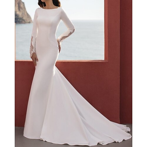 

Mermaid / Trumpet Wedding Dresses Jewel Neck Court Train Lace Stretch Satin Long Sleeve Simple Beach with 2022