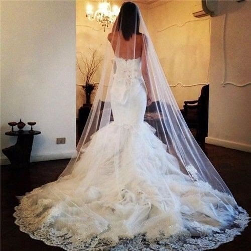 

One-tier Lace Wedding Veil Cathedral Veils with Trim POLY / 100% Polyester / Drop Veil