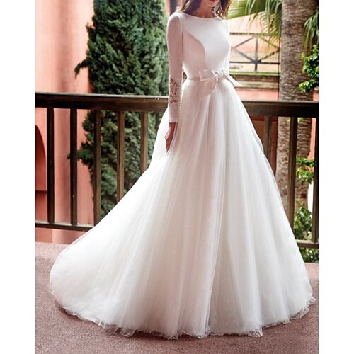 

A-Line Wedding Dresses Jewel Neck Sweep / Brush Train Satin Tulle Long Sleeve Country with Lace Bow(s) 2022