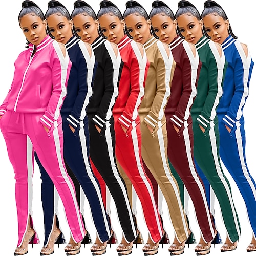 

Women's Patchwork Tracksuit Athleisure Winter Long Sleeve High Neck Breathable Gym Workout Running Jogging Sportswear Solid Colored Sweatshirt Track pants Black Light Red Burgundy Blue Khaki Green