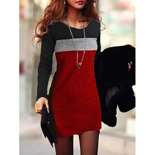 

Femme Robe Fourreau Robe courte courte Manches Longues Imprimé Patchwork Automne Hiver Elégant 2021 Noir Rouge S M L XL XXL